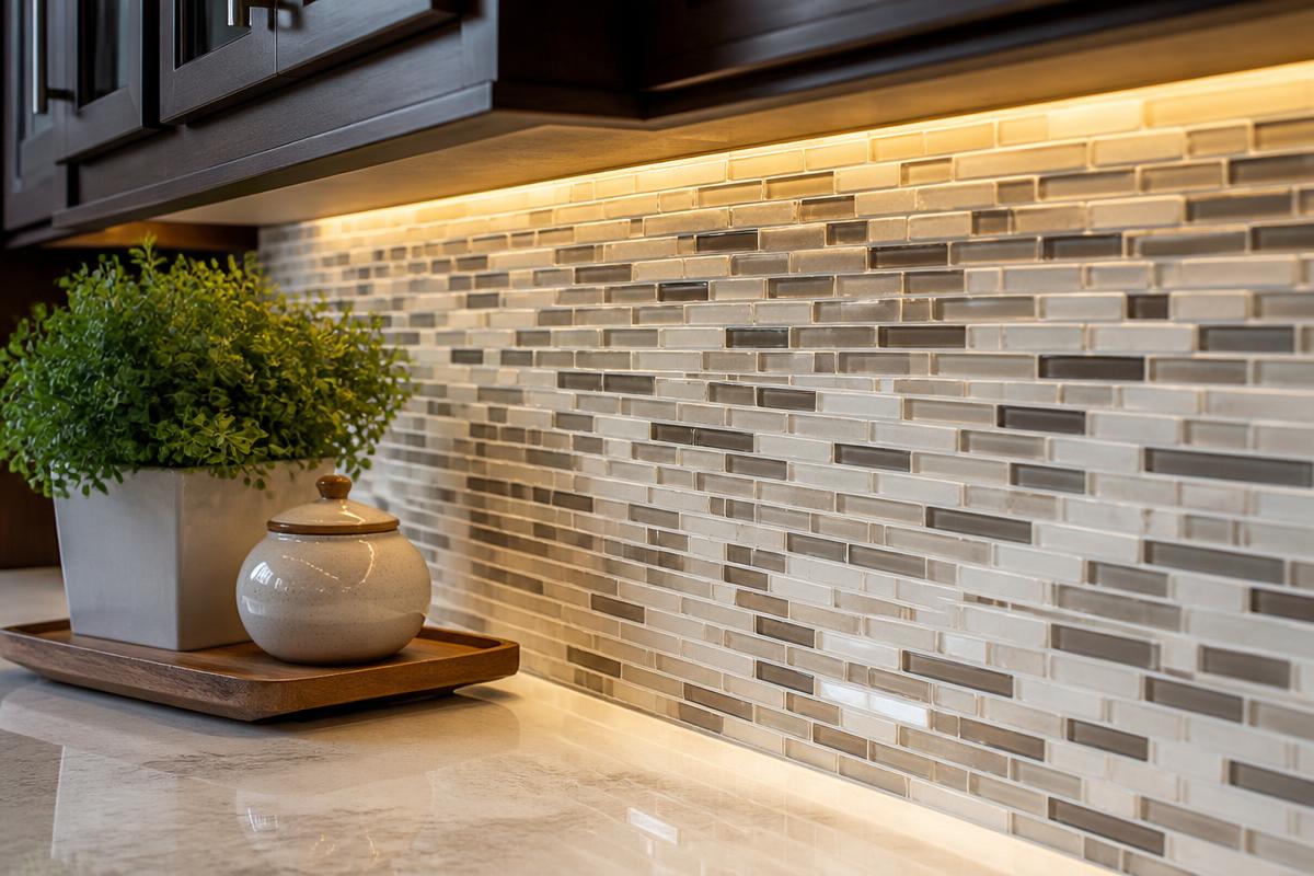 Detailed mosaic tile backsplash with under-cabinet lighting