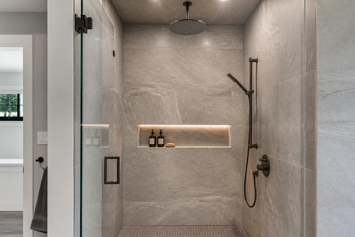 Walk-in shower with large format tiles and rainfall showerhead