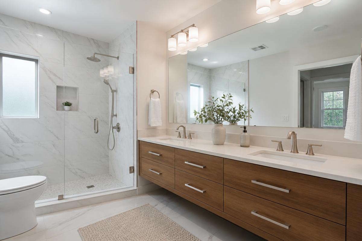 Modern bathroom with walk-in shower and double vanity
