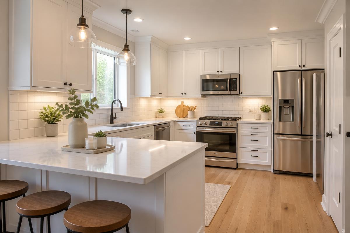 Bright white kitchen renovation with subway tile backsplash