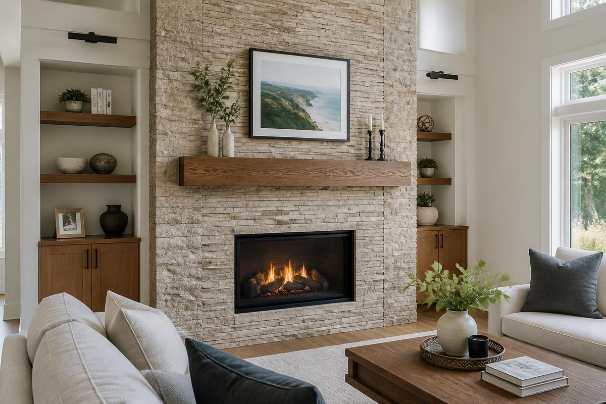 Living room fireplace clad in natural stacked stone tile with wood mantel