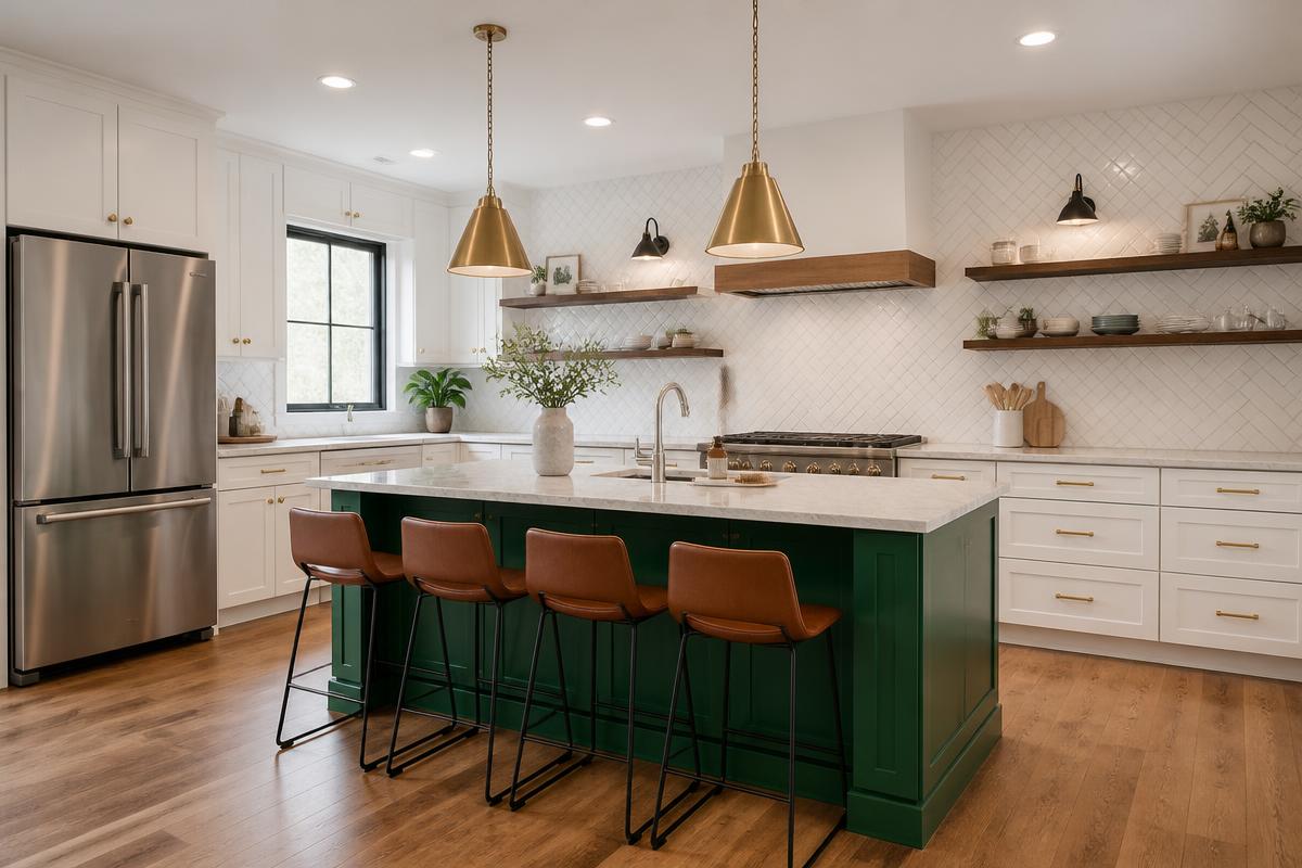 Kitchen with emerald green island and brass accents